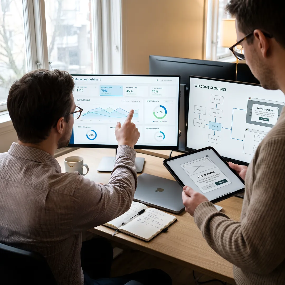 Digital marketing team reviewing analytics and campaign workflow