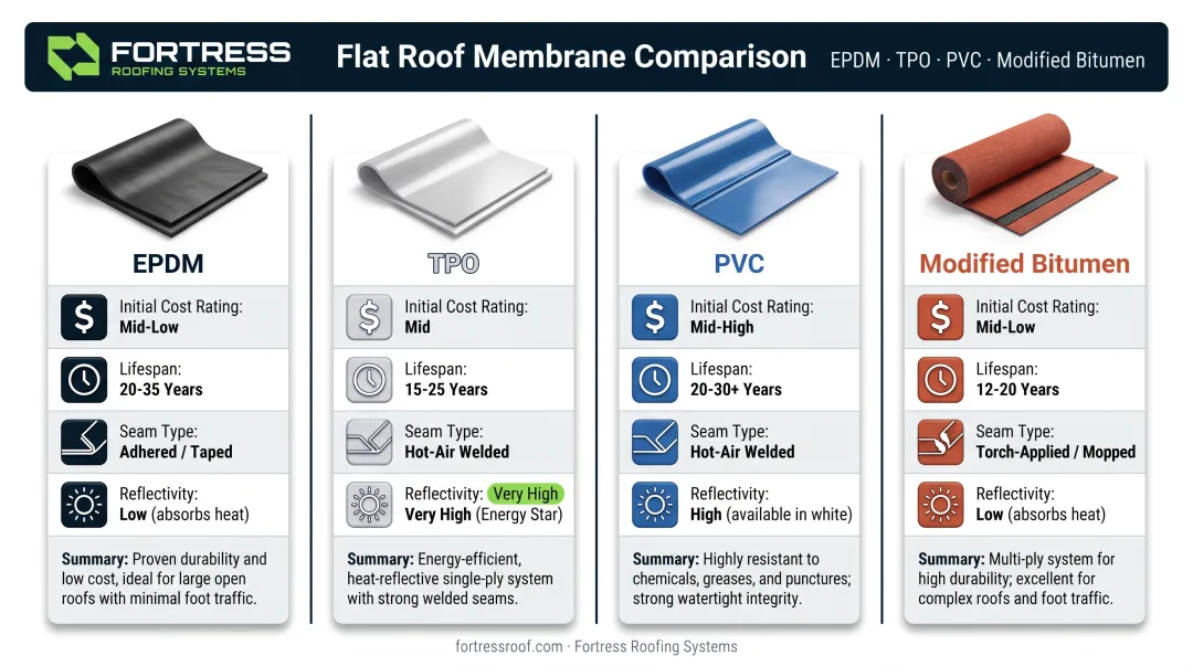 EPDM TPO PVC modified bitumen roof membrane comparison chart