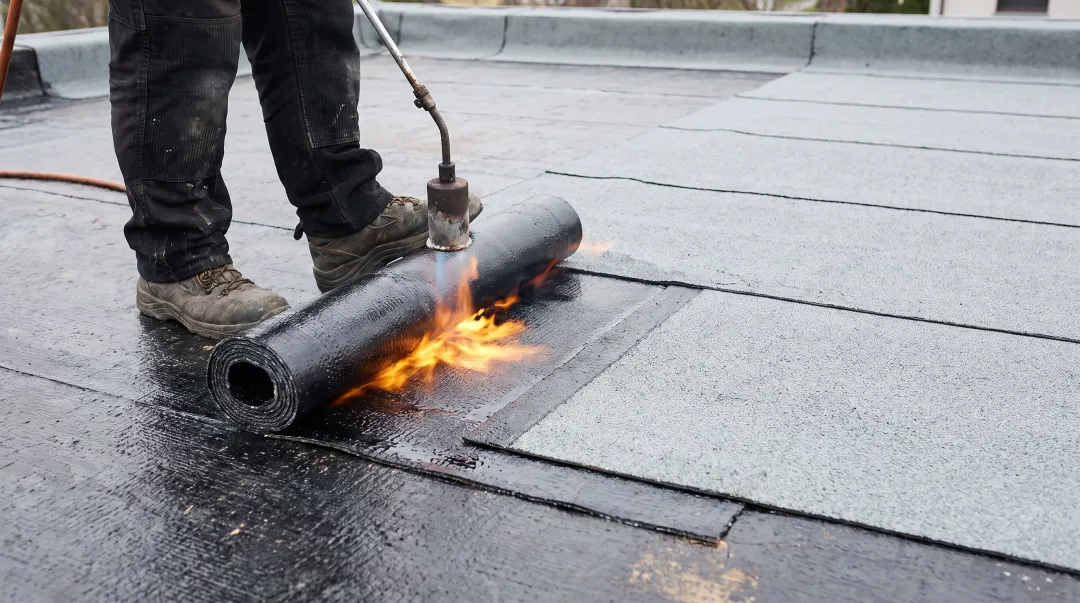 Torch-applied modified bitumen roofing installation with overlapping layers