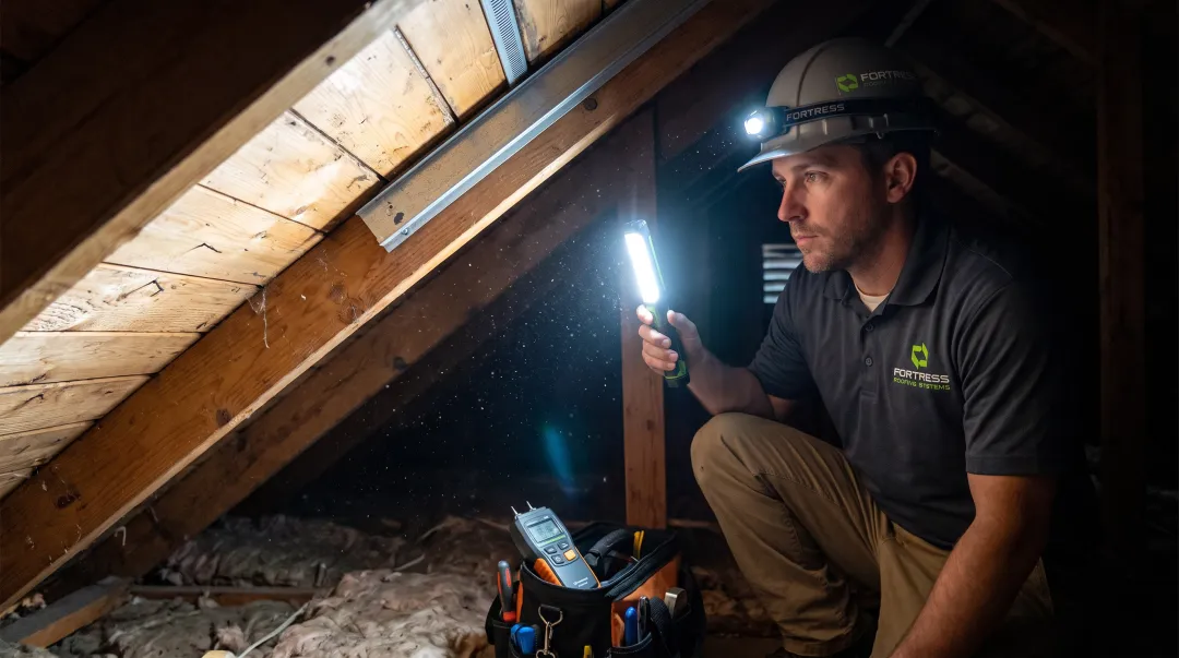Certified roofing contractor inspecting attic ventilation and decking