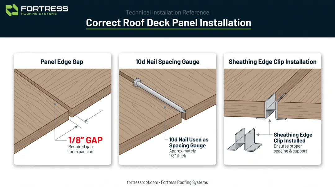 Proper roof deck panel spacing installation technique diagram