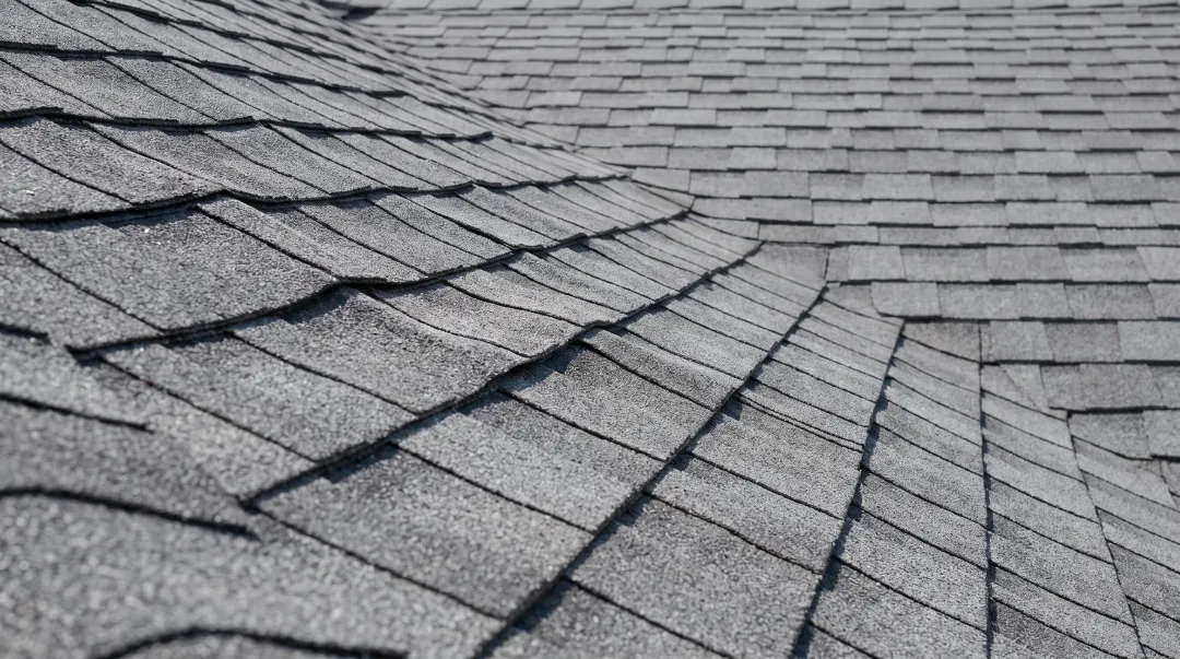 Water-swollen roof decking causing visible shingle buckling ridges