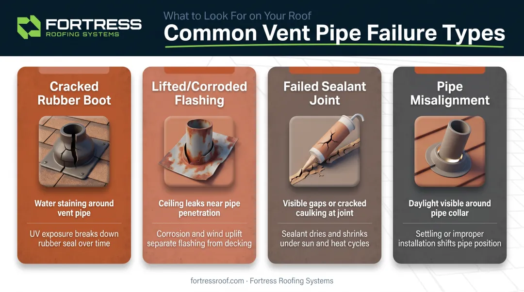 Four common roof vent pipe leak failure points comparison chart