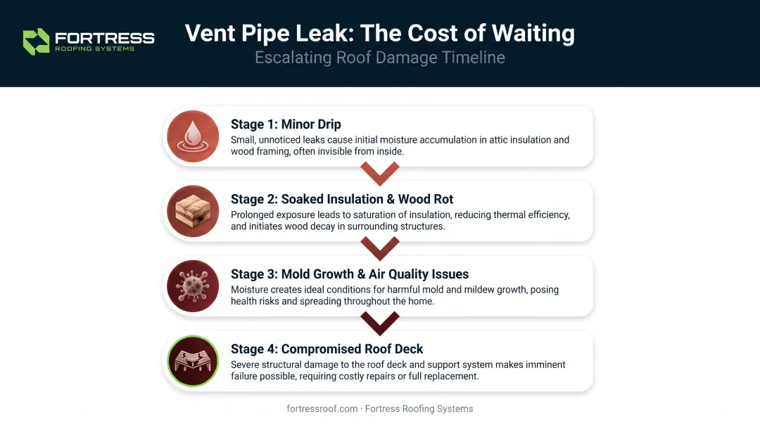Progression of unchecked vent pipe leak damage from drip to deck failure