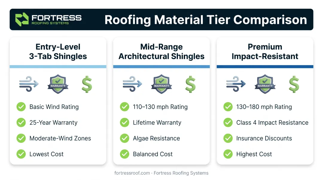 Three-tier South Florida roofing material comparison showing entry-level, mid-range, and premium options with costs and features