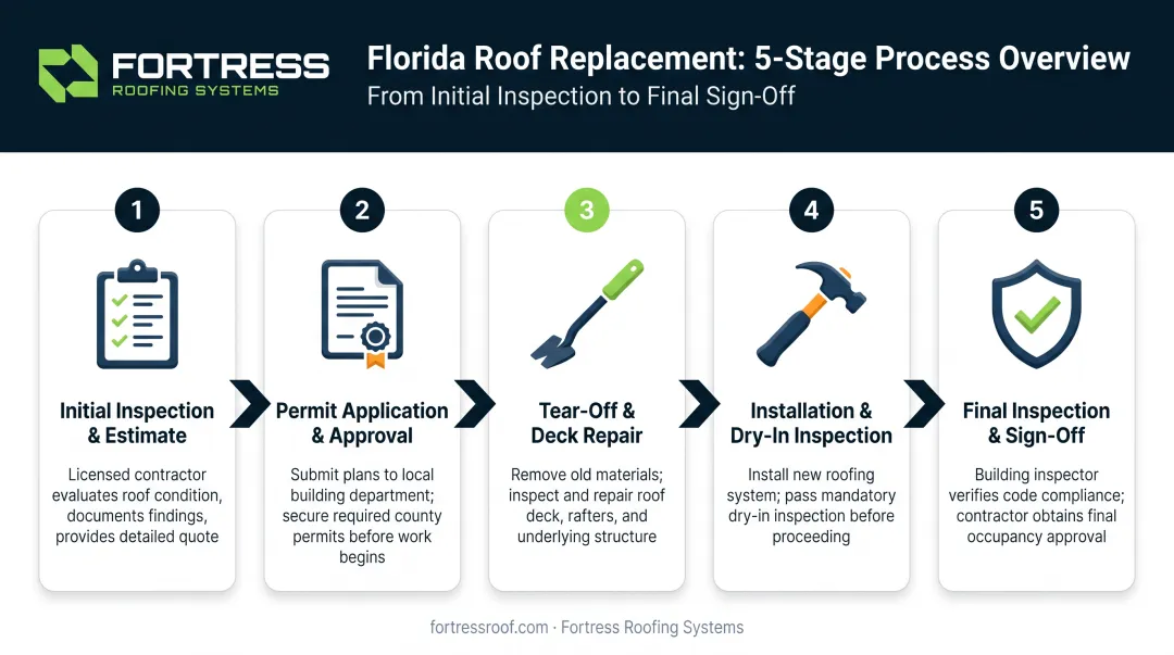 5-step roof replacement process from inspection to final approval showing Florida-specific requirements
