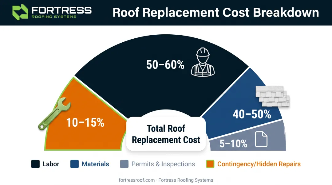 Roof replacement cost breakdown pie chart showing materials, labor, permits, and additional expenses percentages