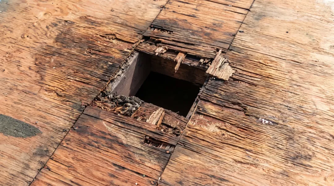 Damaged roof decking with rotted plywood and moisture damage discovered during tear-off inspection