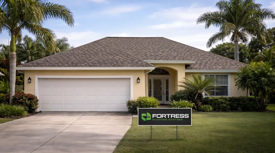 Fortress Roofing Systems reflective Cool Sands shingles installed on home