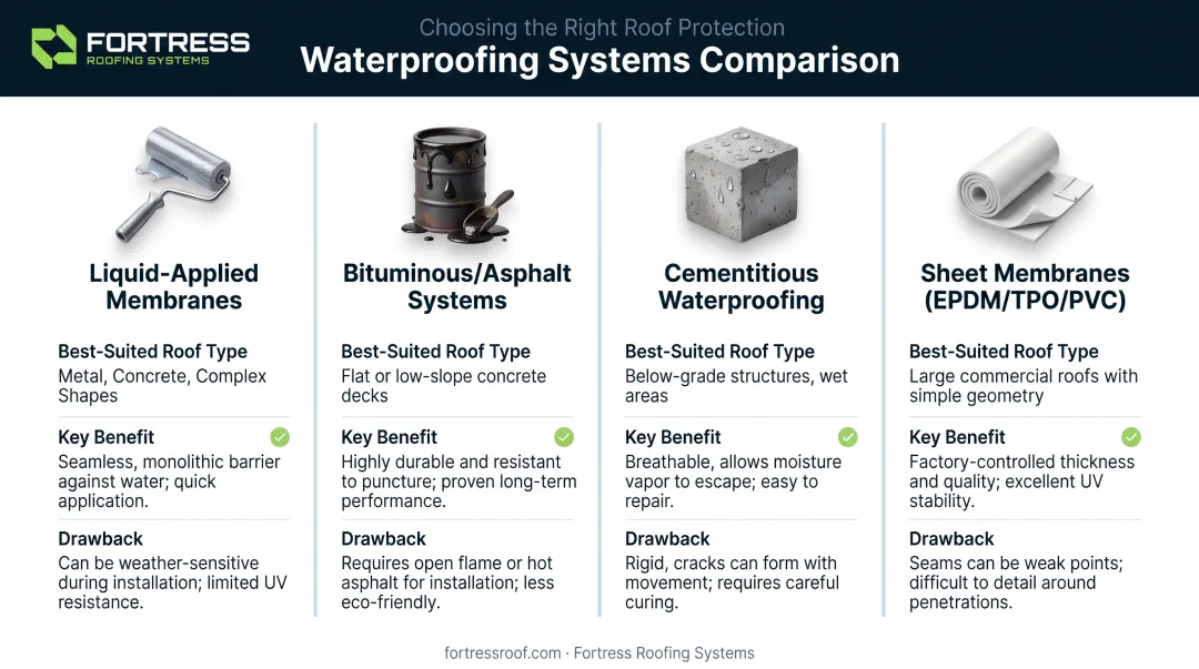 Comparison of four roof waterproofing systems by roof type and use case