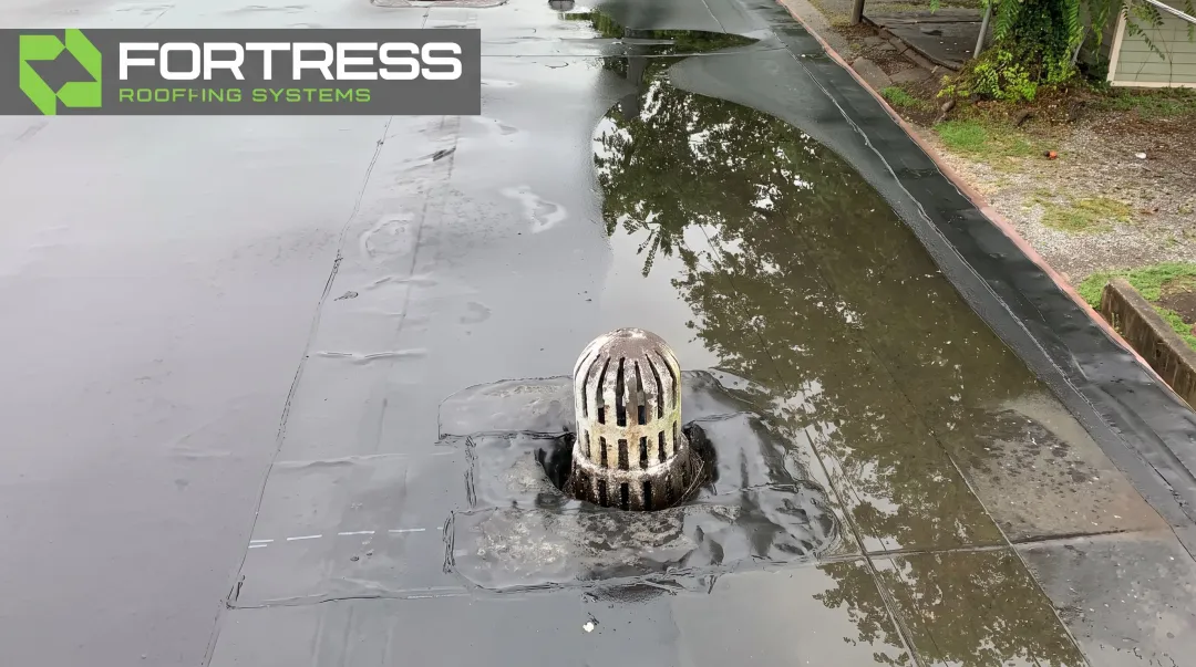 Flat commercial roof with ponding water and worn membrane