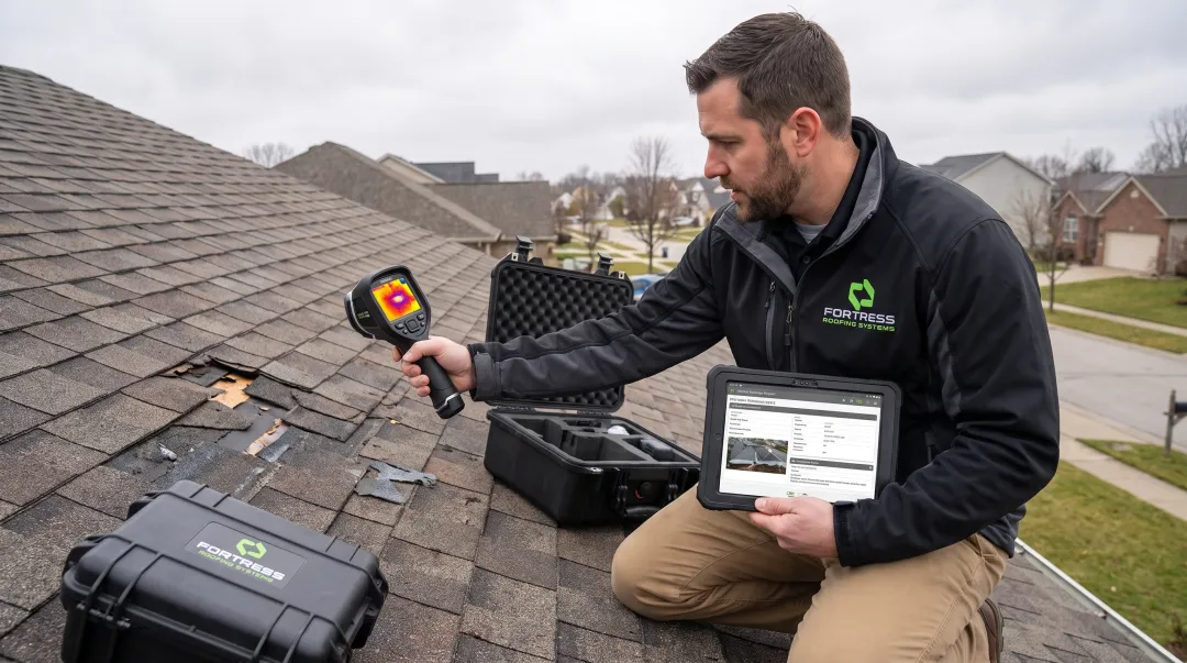 Roofing contractor using thermal imaging to inspect storm damage