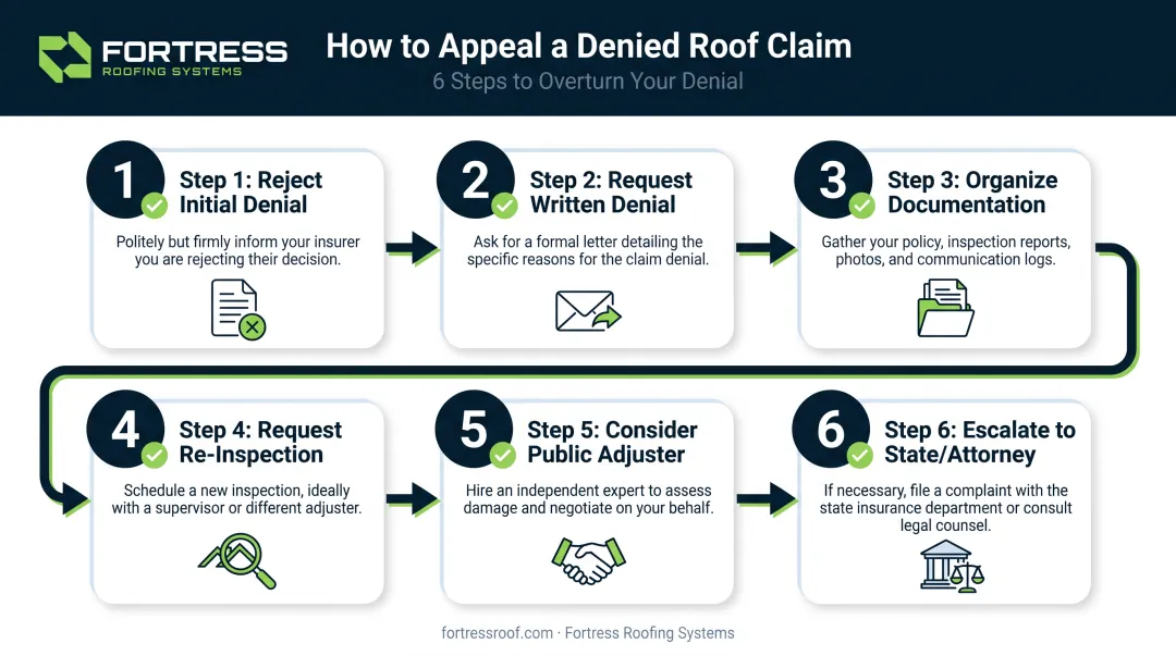 6-step roof claim denial appeal process flow for Florida homeowners
