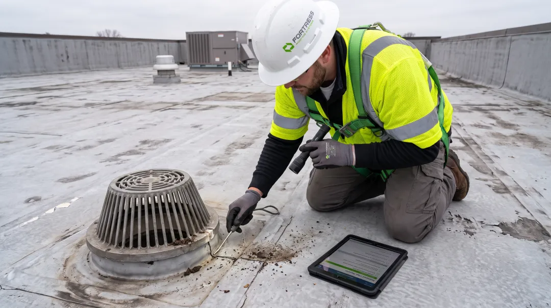 Fortress Roofing Systems technician inspecting flat roof drainage and membrane