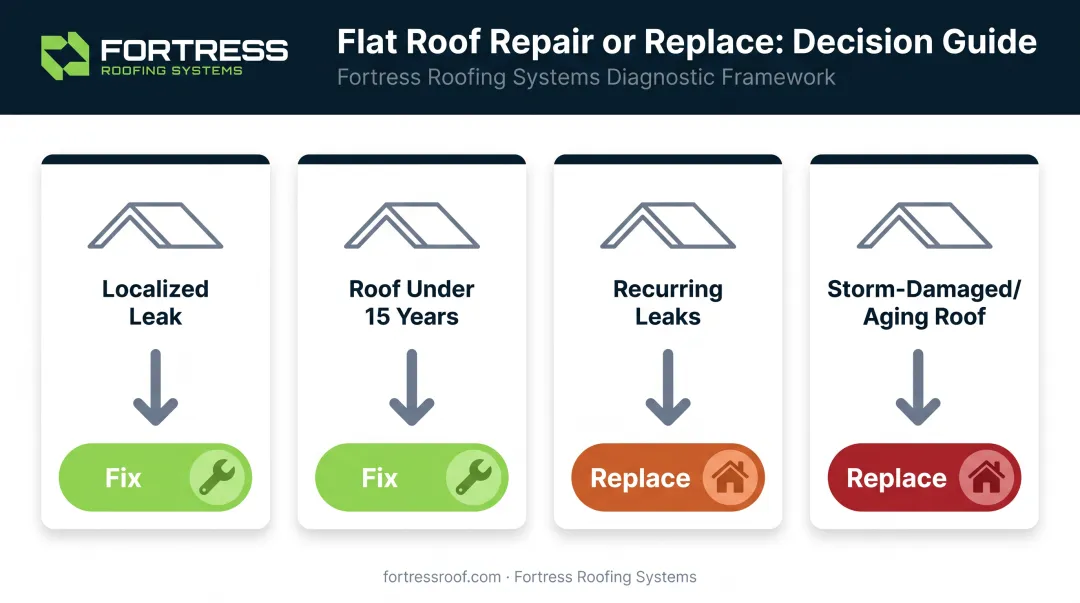 Flat roof repair versus replacement decision guide by damage severity