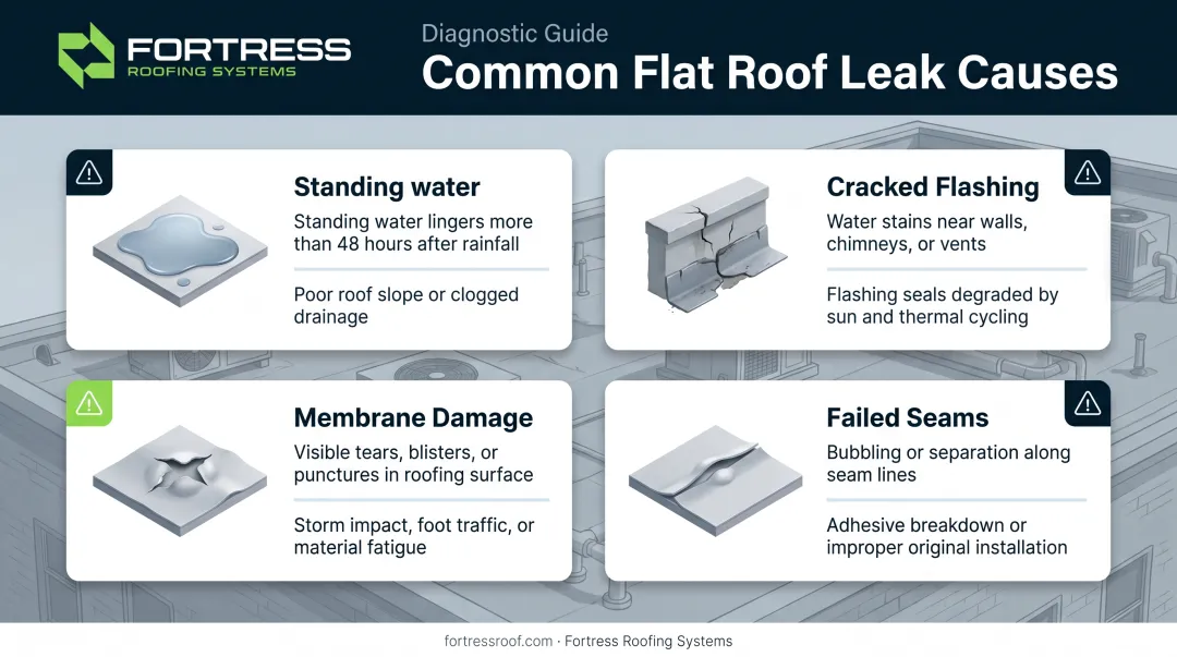 Common flat roof leak causes and symptoms comparison chart