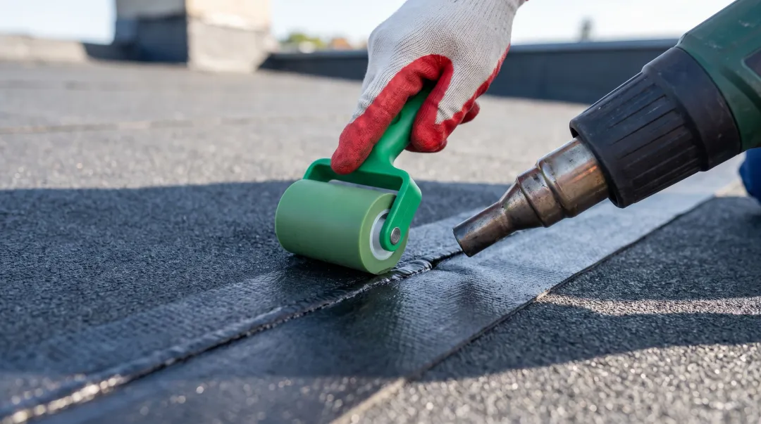 Roofing contractor applying heat-welded patch to TPO membrane
