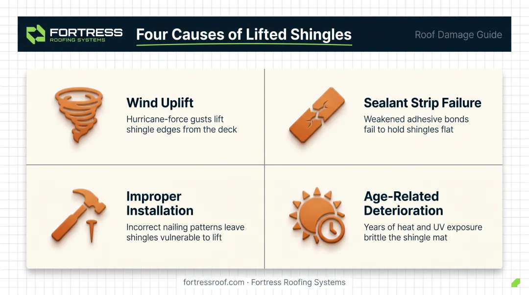 Four main causes of lifted asphalt shingles diagram