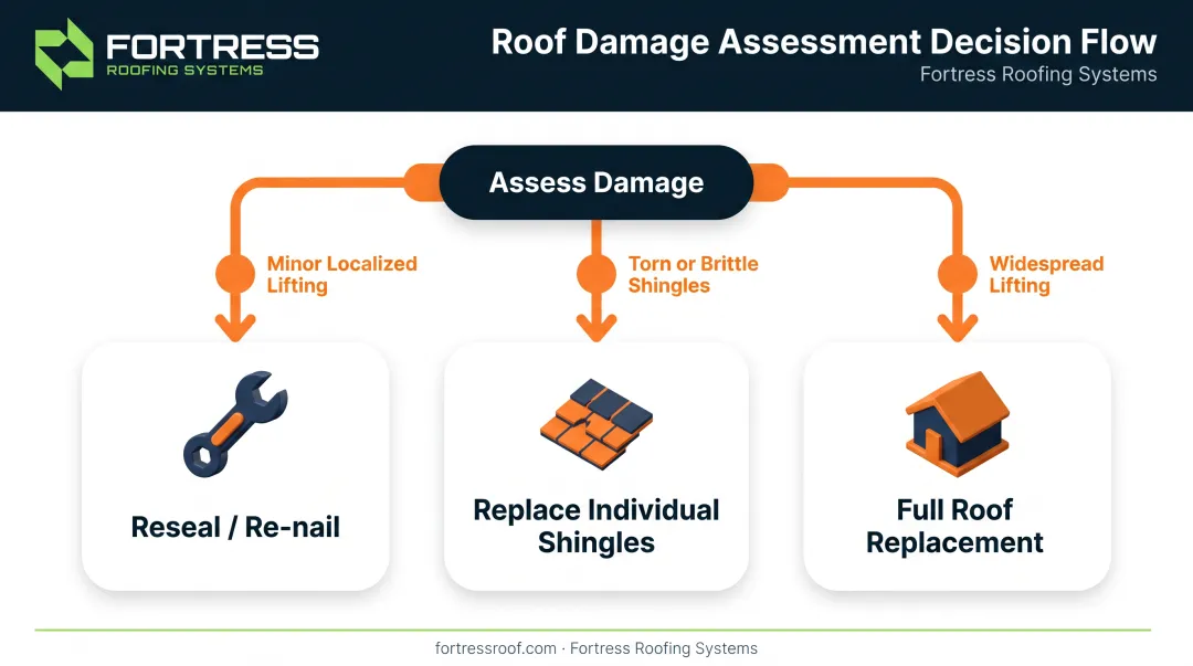 Shingle repair decision flow from minor lifting to full replacement