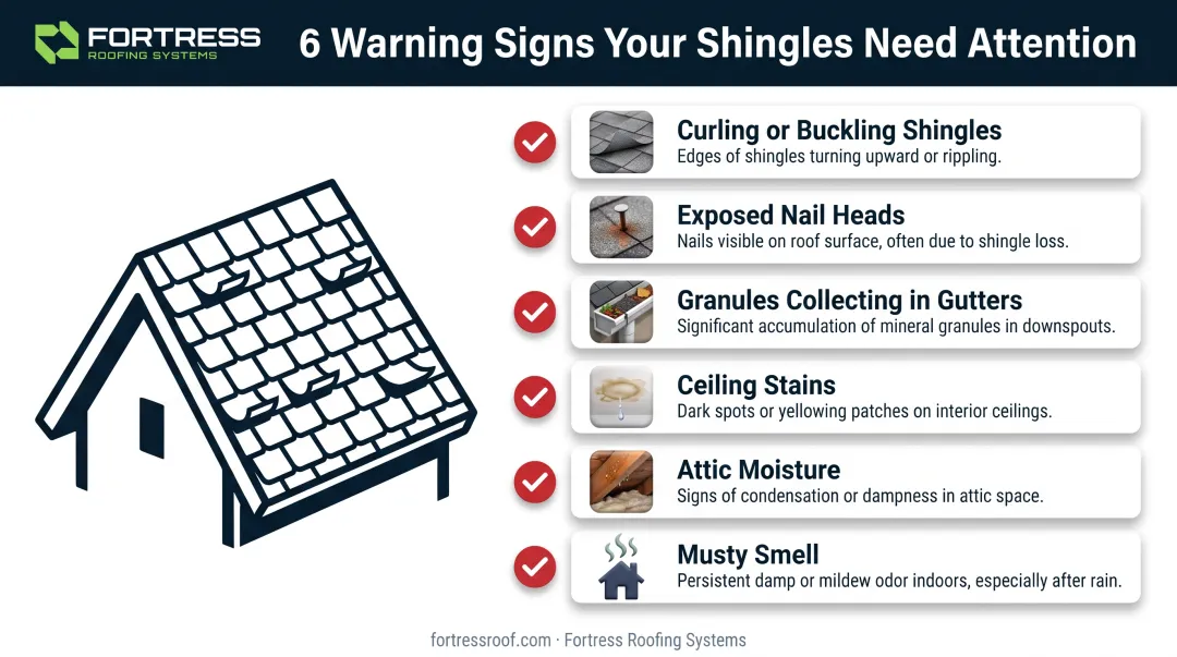 Warning signs of roof shingle damage checklist infographic