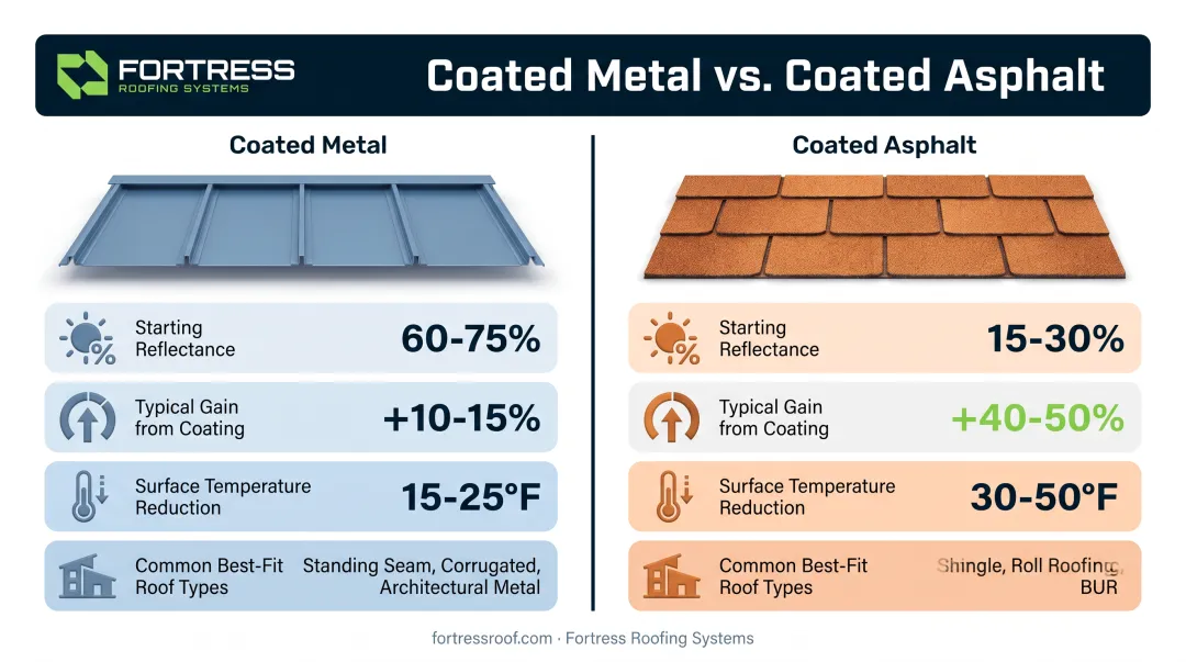 Metal versus asphalt roof reflective coating performance comparison chart