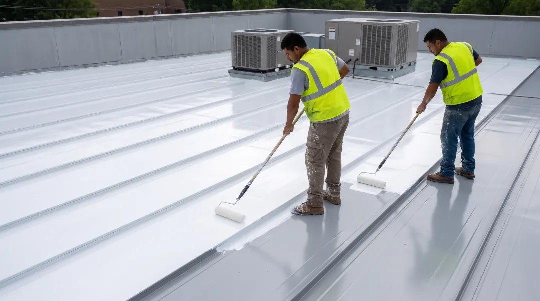 Applicator rolling silicone reflective coating onto metal roof surface