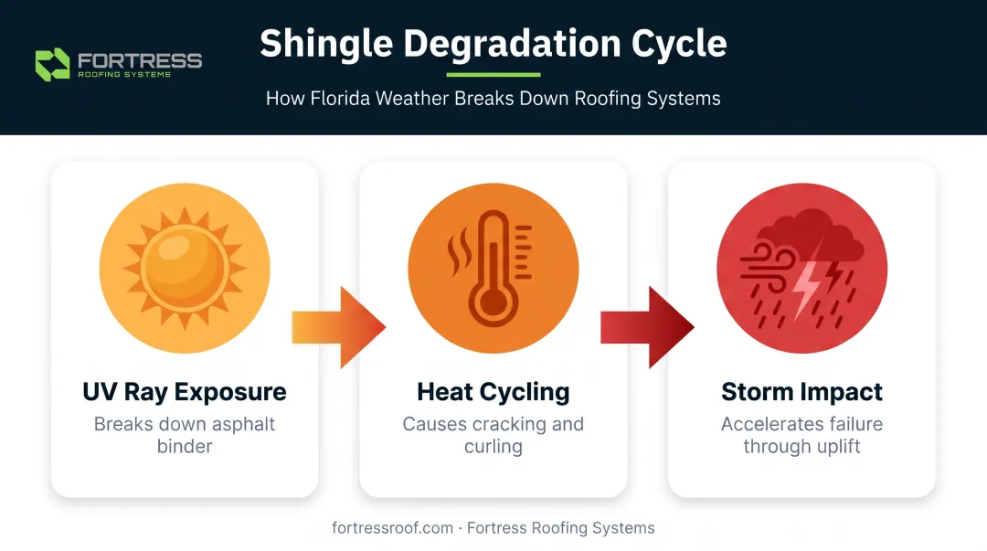 asphalt shingle wear cycle from UV exposure to storm failure