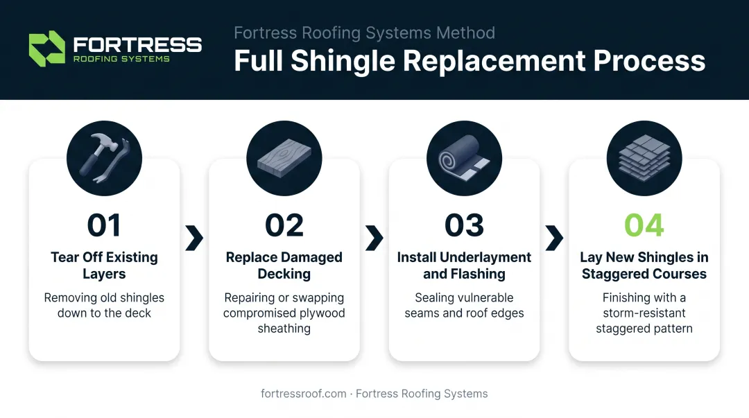 four-step asphalt shingle full replacement process from tear-off to installation