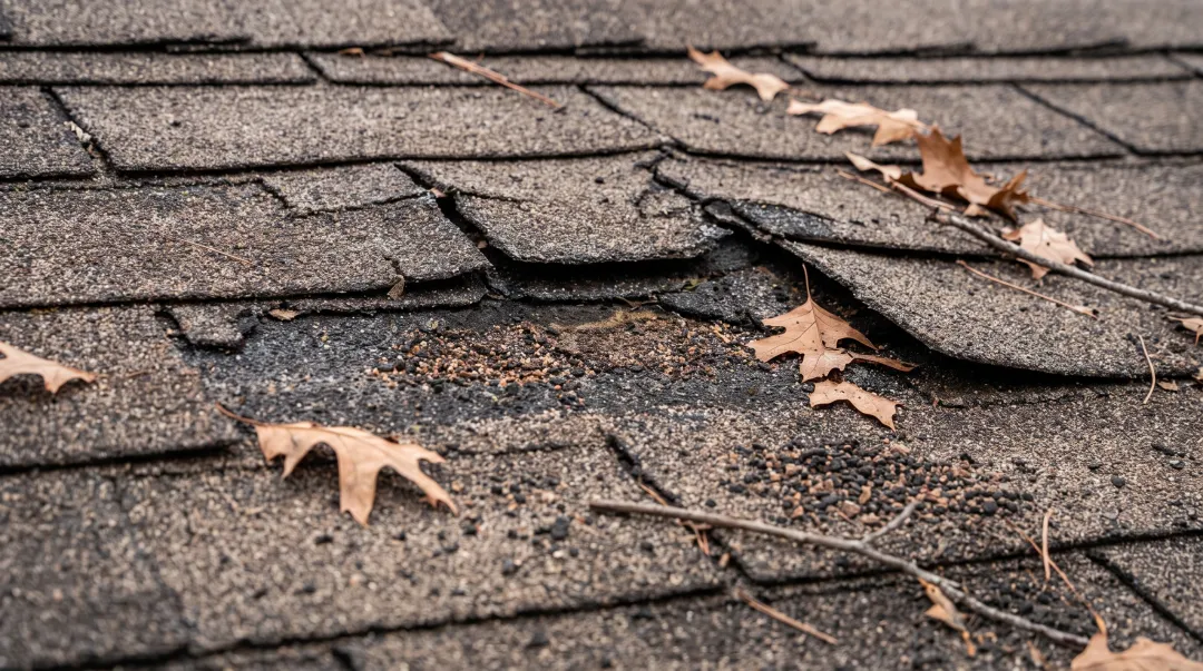 close-up of curling cracked asphalt shingles showing granule loss damage