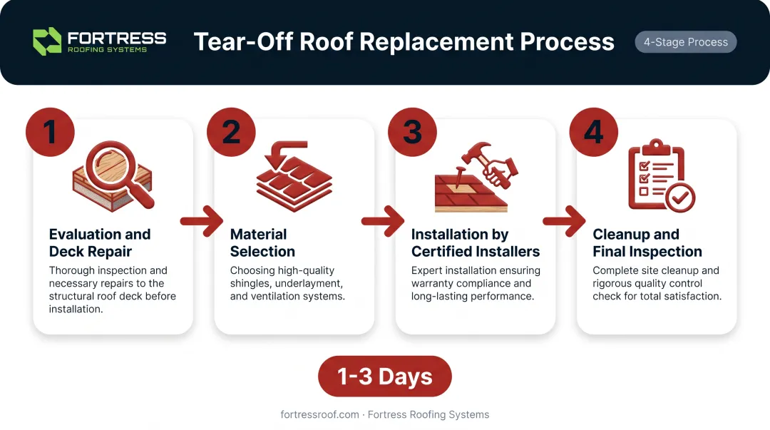 Roof tear-off replacement process steps from evaluation to final inspection