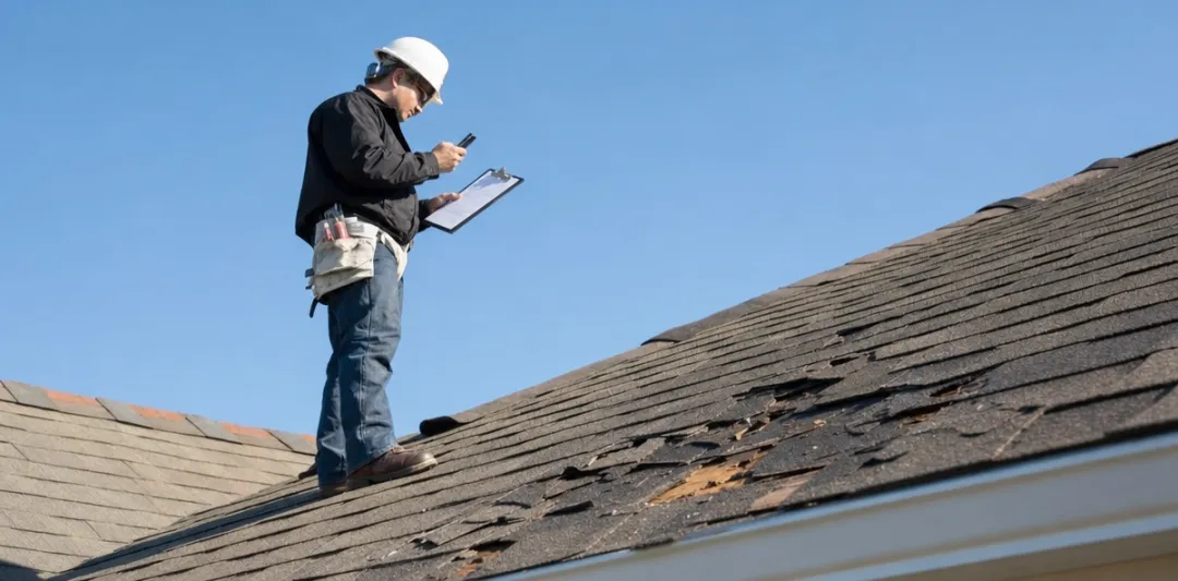Insurance adjuster inspecting storm-damaged roof for claim documentation