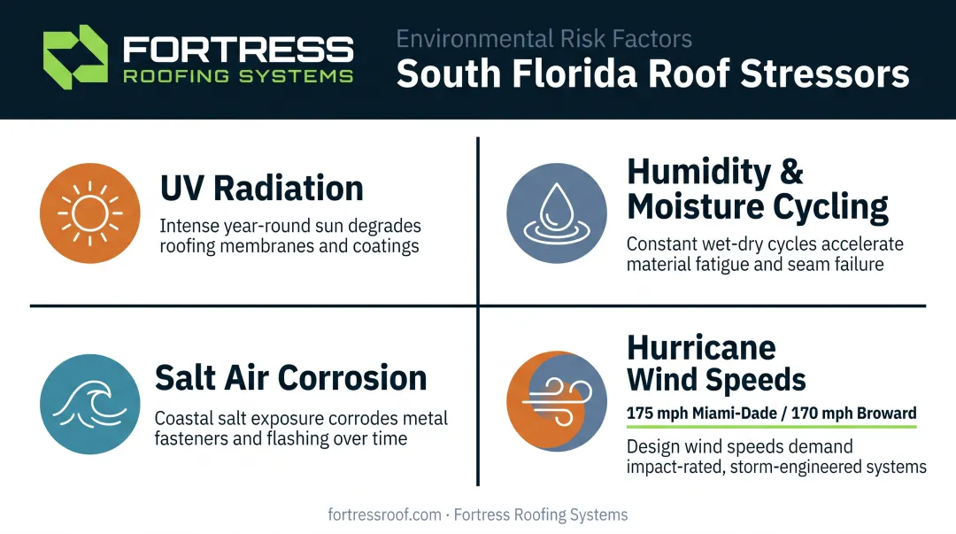 South Florida roofing stress factors UV humidity salt air wind speeds