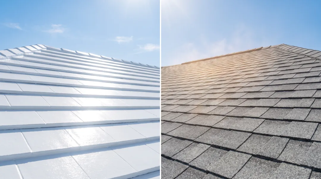 Reflective white roof shingles compared to standard gray roofing material