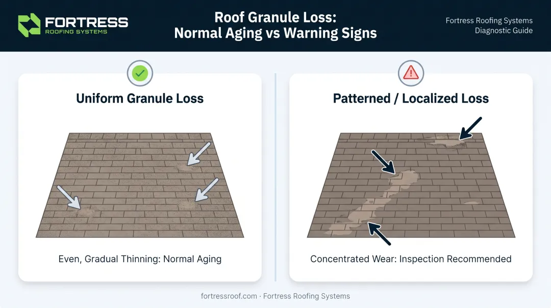 Uniform versus patterned granule loss comparison on asphalt shingles