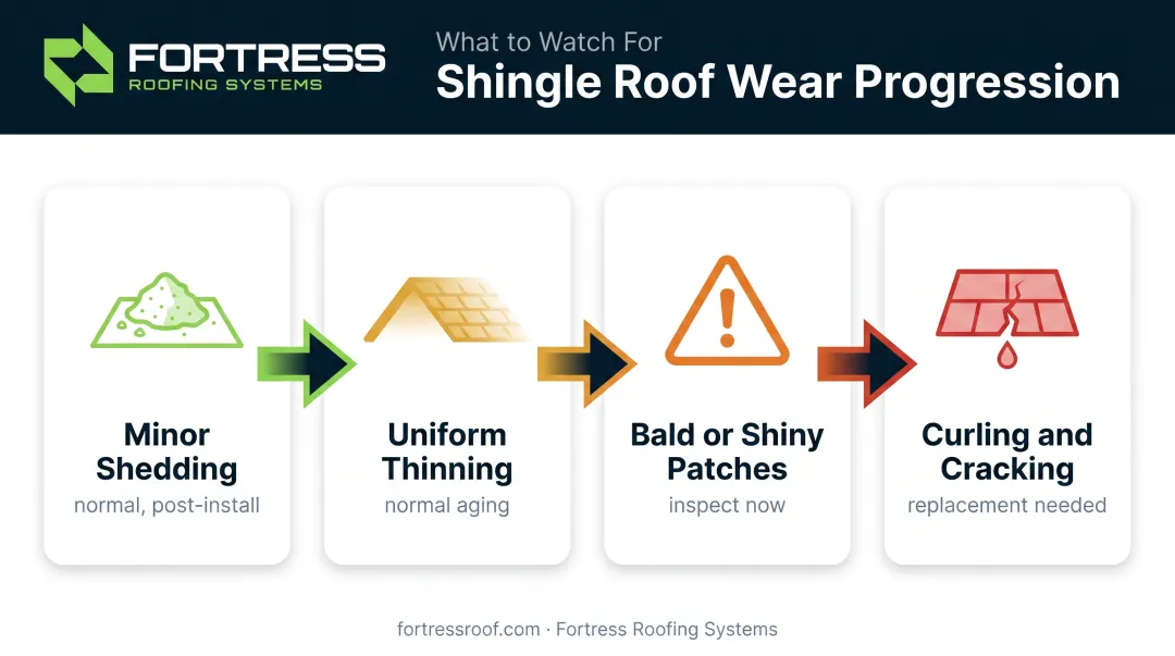 Four stages of shingle granule loss from shedding to cracking