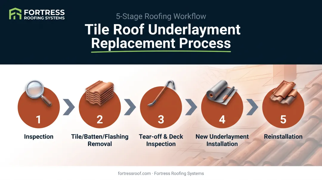 5-step tile roof underlayment replacement process from inspection to reinstallation
