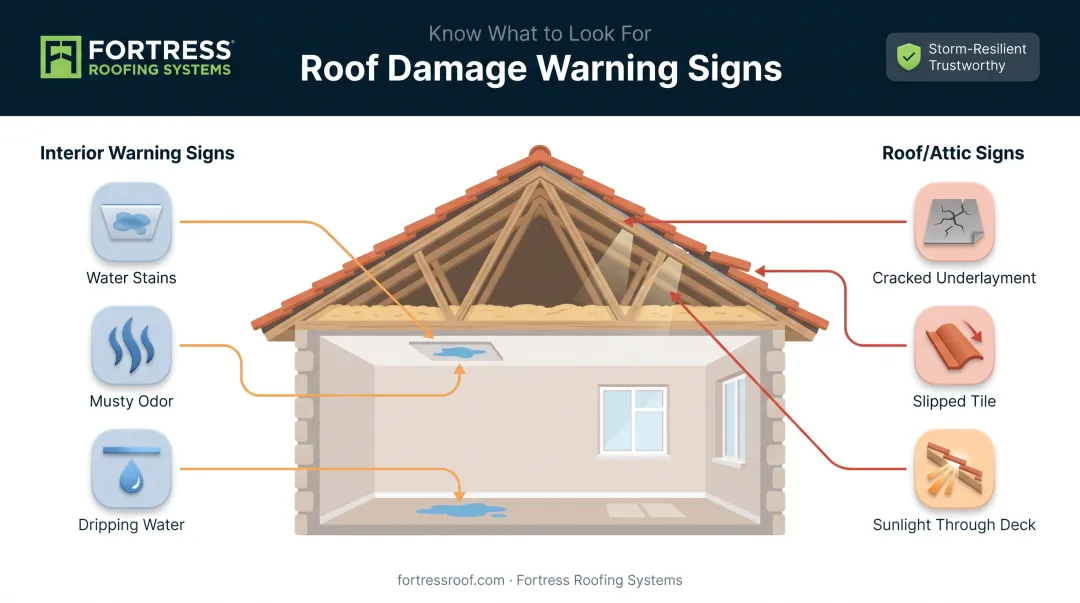 Warning signs of failing tile roof underlayment interior and exterior
