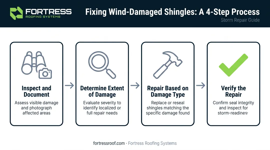 Four step process for repairing wind damaged roof shingles