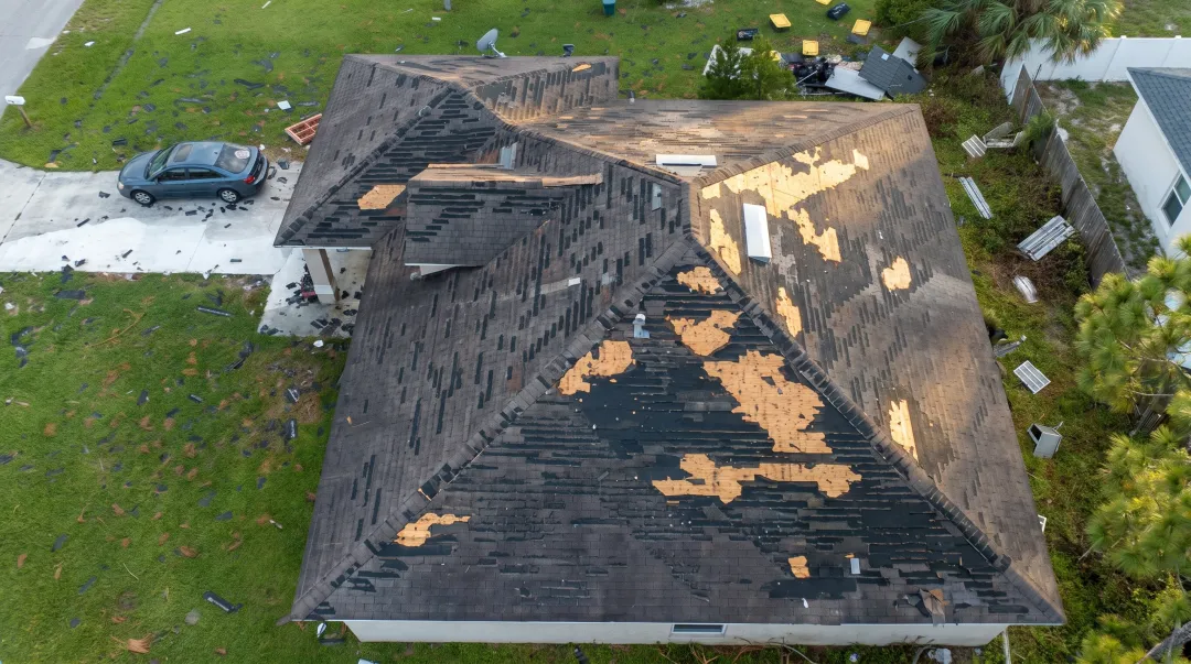 Storm damaged roof shingles showing wind uplift and granule loss