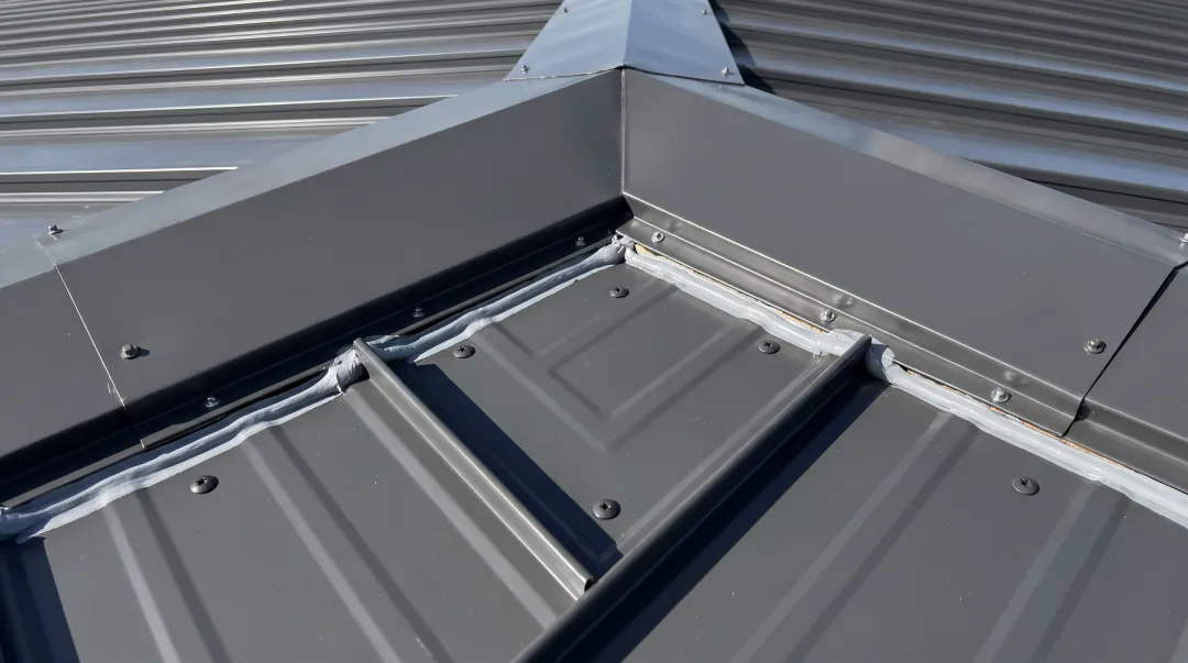 Close-up of metal roof flashing and ridge cap installation on porch structure