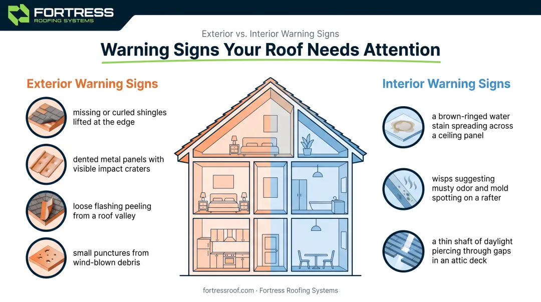 Roof storm damage warning signs exterior and interior checklist diagram