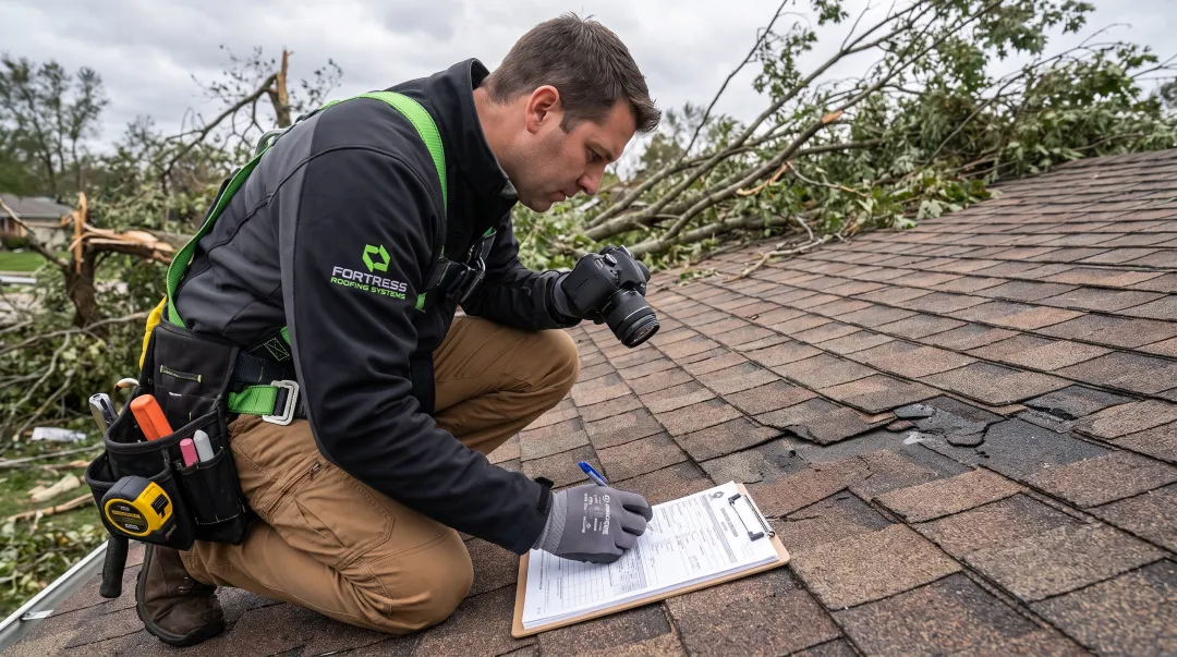 Roofing contractor inspecting storm damaged residential roof for insurance claim