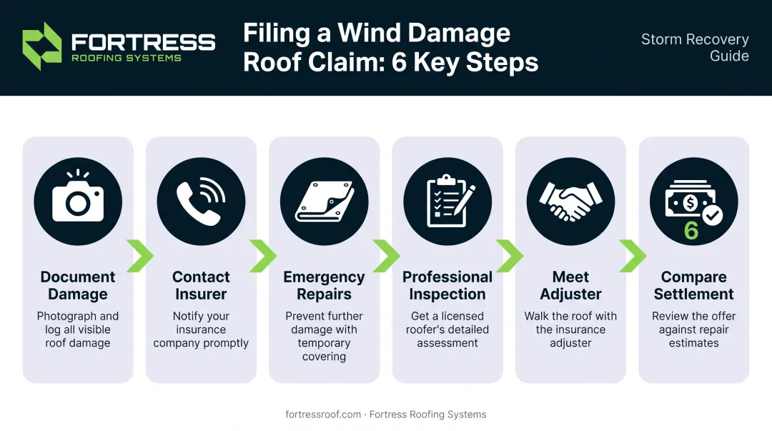 6-step wind damage roof insurance claim filing process flow
