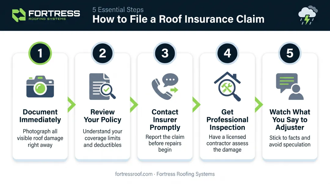 5-step roof insurance claim filing process from documentation to adjuster meeting