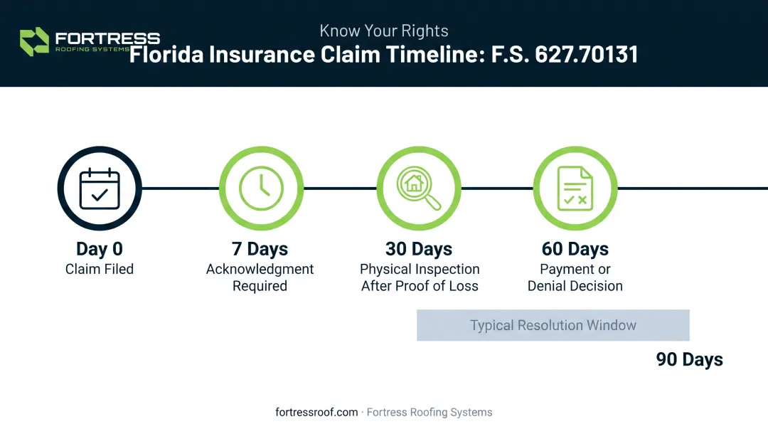 Florida roof insurance claim timeline showing legal payment deadlines