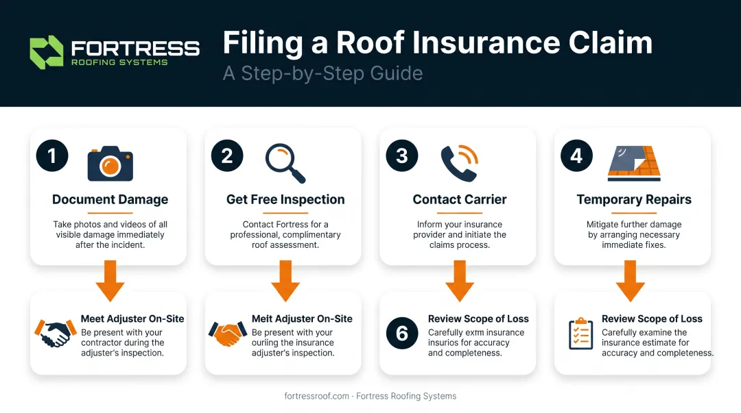6-step roof insurance claim filing process from documentation to supplement request