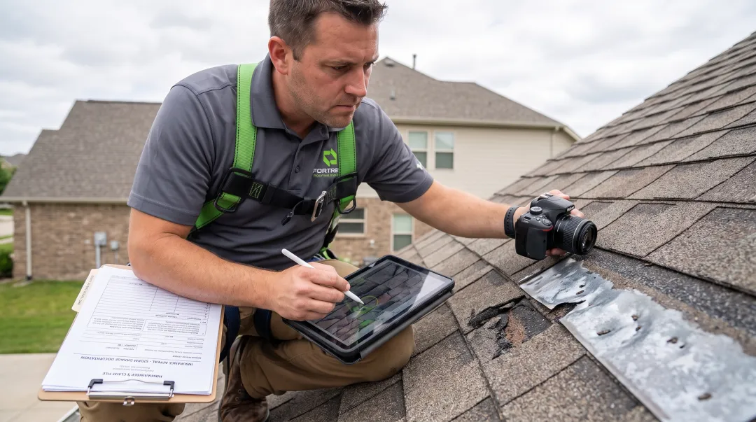 Fortress Roofing Systems contractor documenting roof damage for insurance appeal