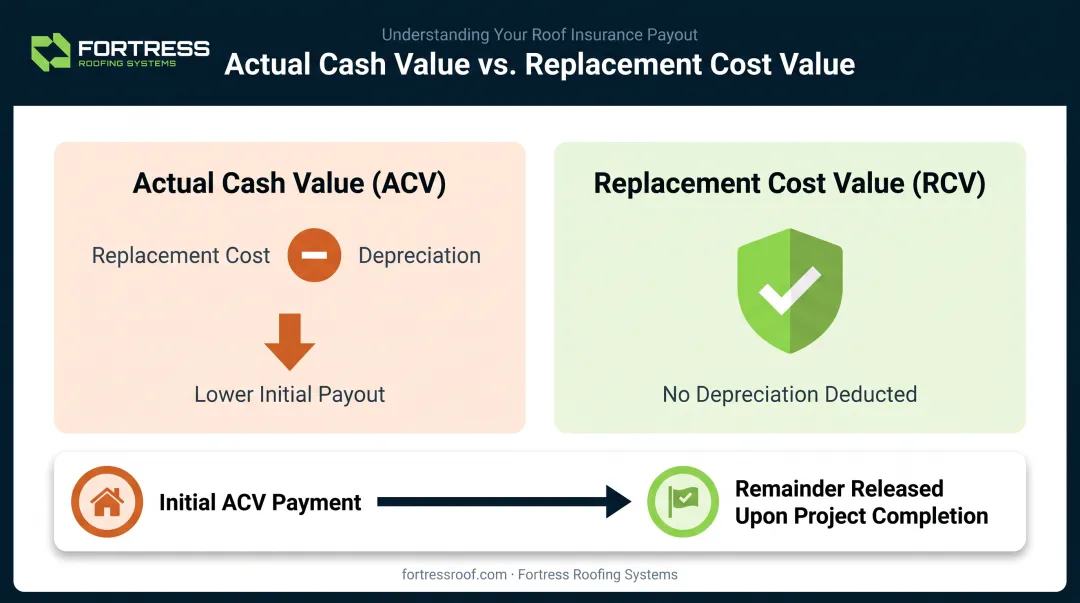 ACV versus RCV insurance payout comparison for roof replacement claims