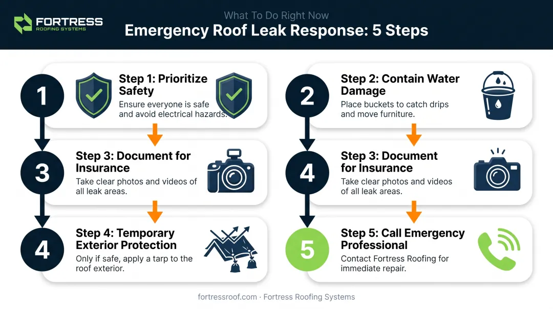 5-step emergency roof leak response process from safety to repair call