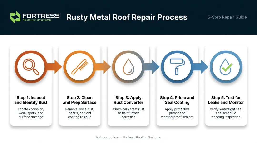 5-step metal roof rust repair process from inspection to monitoring